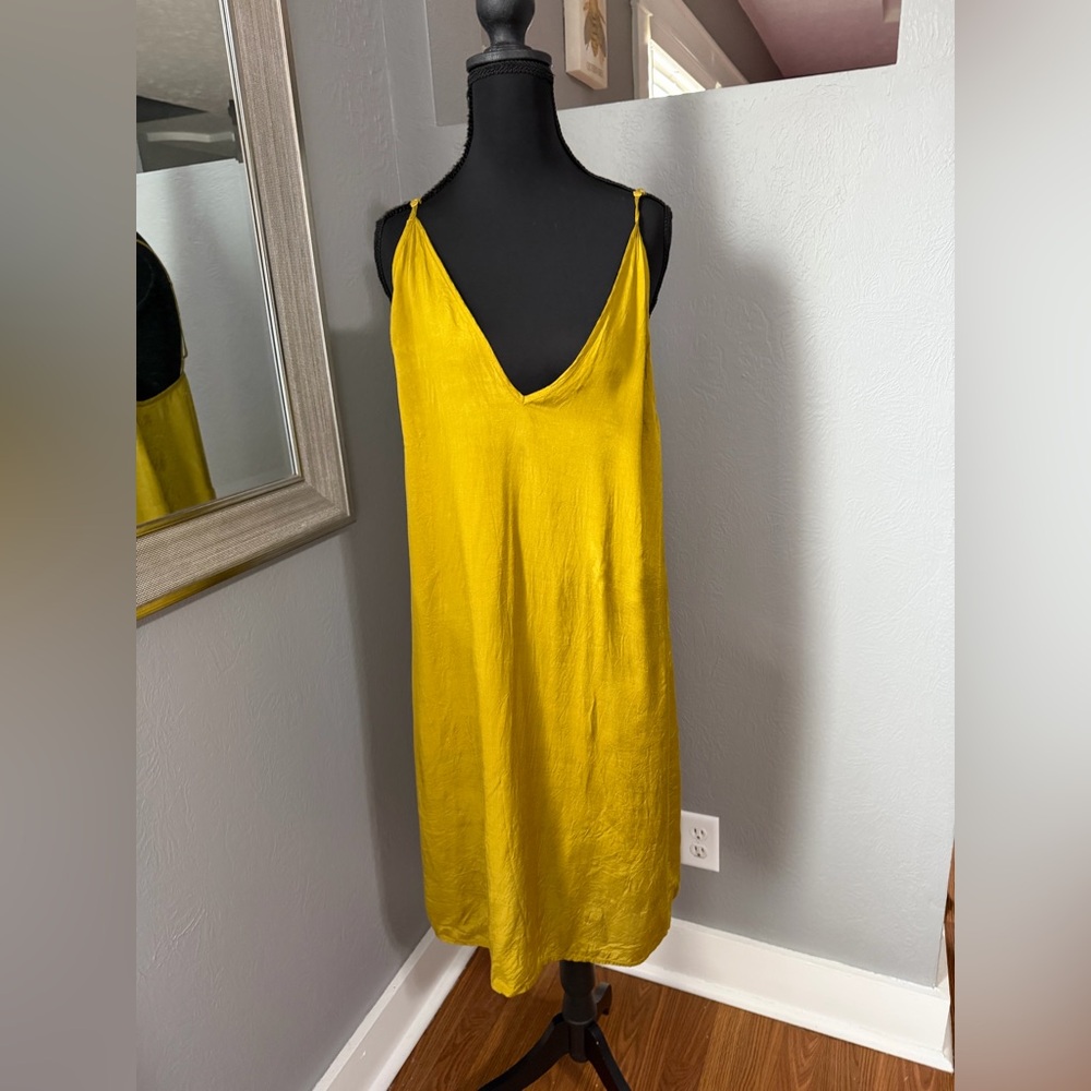 Free People Mustard Yellow Satin Midi Slip Dress